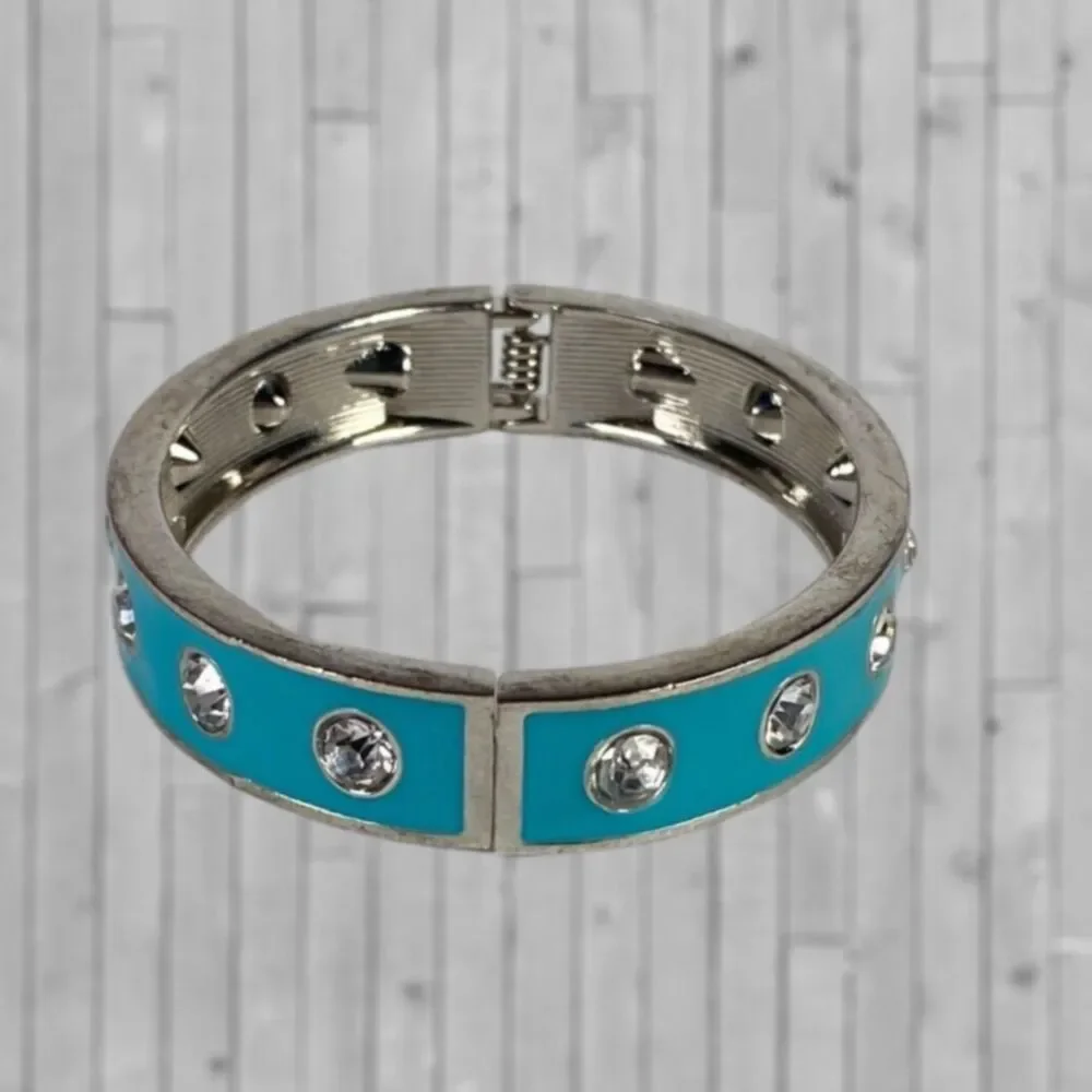 Vintage Enamel Rhinestone Studded Bracelet Turquoise Blue Hinged Bangle Clamper